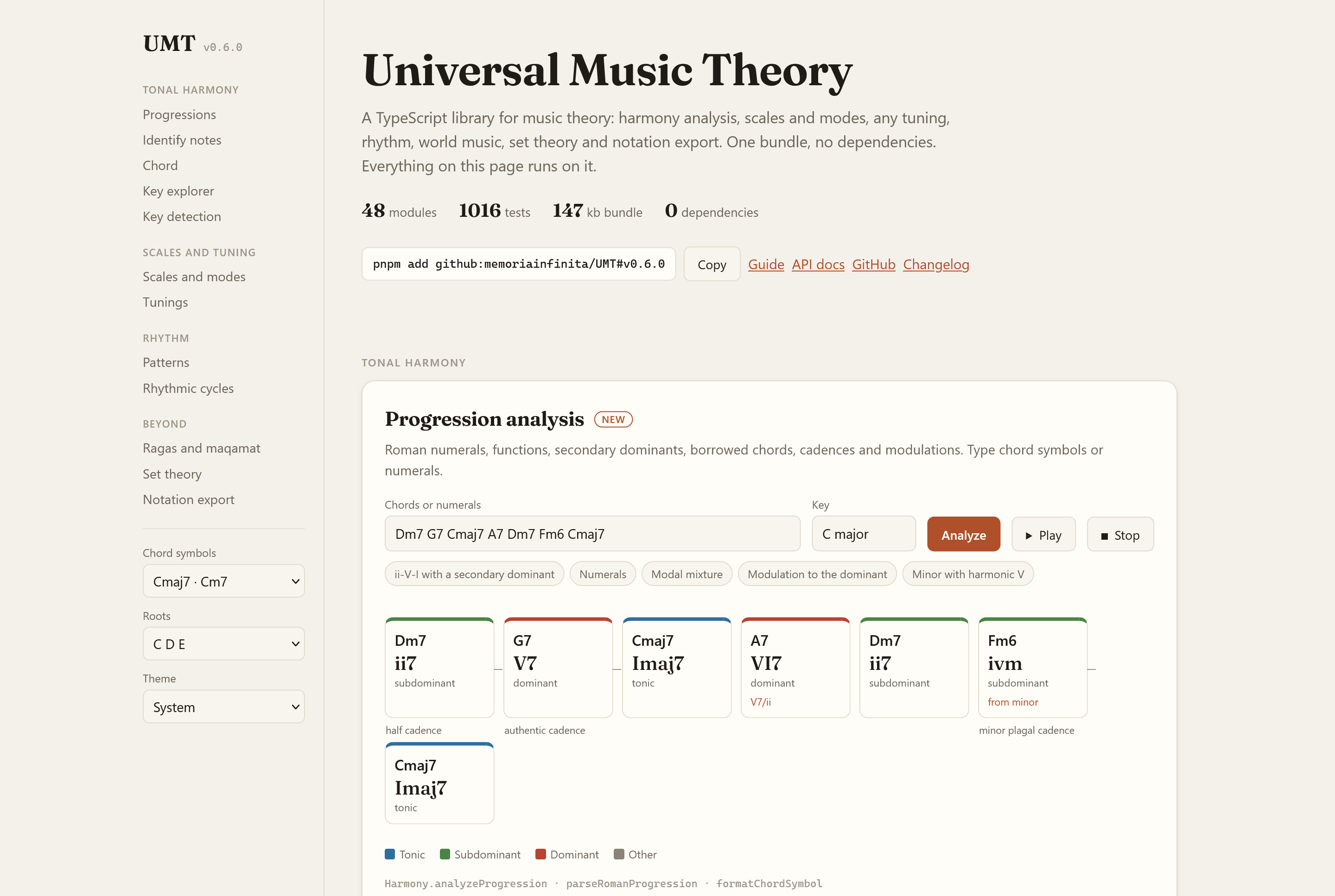 UMT demo page: navigation by topic and the progression analysis of Dm7 G7 Cmaj7 A7 Dm7 Fm6 Cmaj7 in C major, with Roman numerals coloured by function