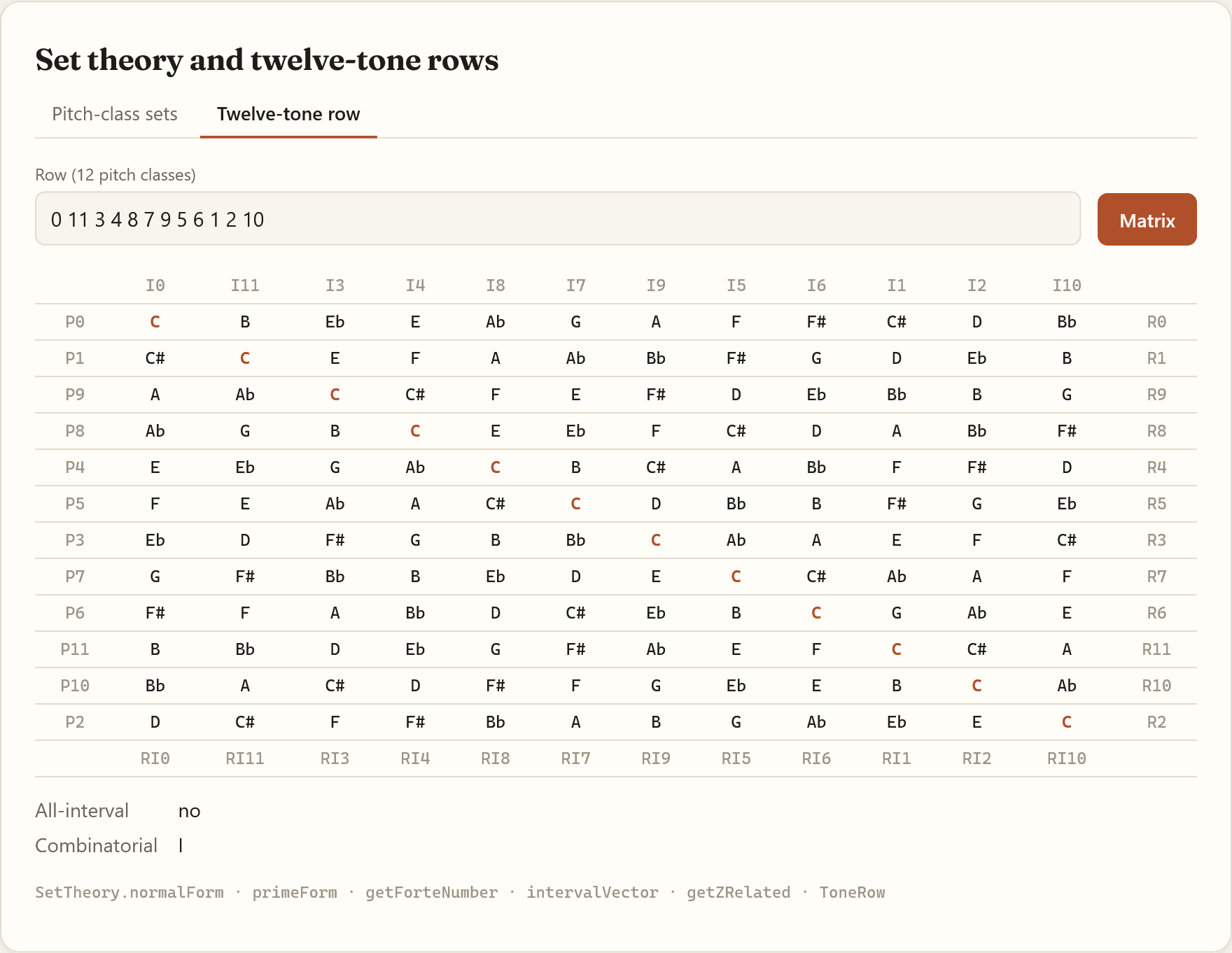 Twelve-tone row in the demo: the 12x12 matrix of a row, with P forms on the rows and I forms on the columns